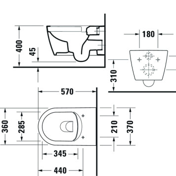Duravit Me by Starck Унитаз подвесной Rimless 57х37см., с креплениями, цвет: белый. 2529090000-1