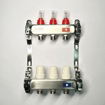 Колл.группа 1 х 3 вых 3/4 с расходомерами и термостатическими вентилями без конц, нерж. сталь