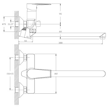RS28-33 Смеситель одноручный (35 мм) для ванны с плоским изливом 350мм, хром RS28-33-1