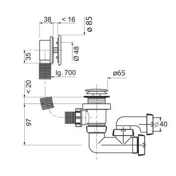 Слив-перелив п/автомат для ванны с внешним кабелем L=700мм регулируем.сифоном, вентиль и клапан латунь, с гофротрубой, хром ST-0000010-1