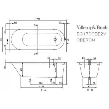 UBQ 170 OBE 2V-01 OBERON Solo Ванна 170x75, с ножками, белая, материал кварил Quaryl, вкл. сверло для перелива UBQ170OBE2V-01-3