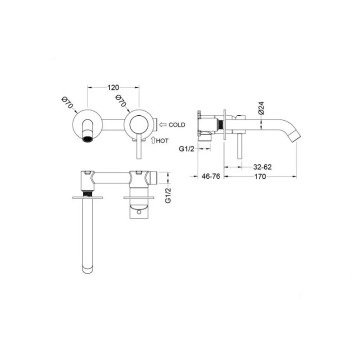 AQ1313BGM ЕВРОПА смеситель для раковины настенный 2 отв. (внешняя и скрытая часть), оружейная сталь (шлиф. черный хром) AQ1313BGM-1