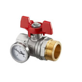 Шаровой кран с плоским уплотнением Ду25,  G1BP x G1HP, с термометром (0–80 °C), с красной рукояткой