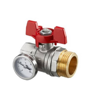 Шаровой кран с плоским уплотнением Ду25, G1BP x G1HP, с термометром (0–80 °C), с красной рукояткой