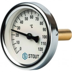 Термометр биметаллический STOUT SIM-0001 с погружной гильзой 50 мм 1/2", 0-120°С, корпус Dn 63 мм.
