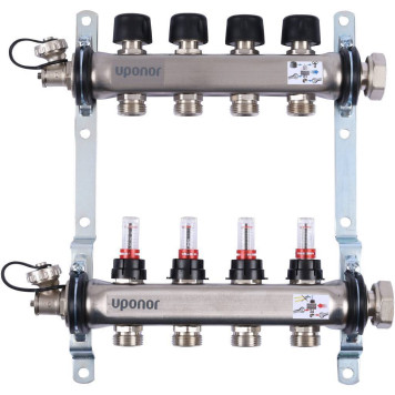 Коллектор Uponor Smart S с расходомерами, стальной, 4 выхода 3/4 евроконуса
