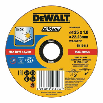 Круг отрезной DeWalt Inox Ф125x22,2x1мм быстрый рез DT43902
