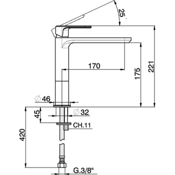CISAL LineaViva Смеситель однорычажный для раковины на 1 отверстие,высокий h175 мм,без донного клапана, цвет: хром-1
