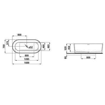 Laufen VAL Ванна 160x75x45см, отдельностоящая, с слив-переливом, материал: композит, цвет: белый. 2.3028.2.000.000.1-5