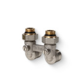 Блок шаровых кранов РЕХАУ с соед. нип. G 1/2xG 3/4, угловой (никелирован.)