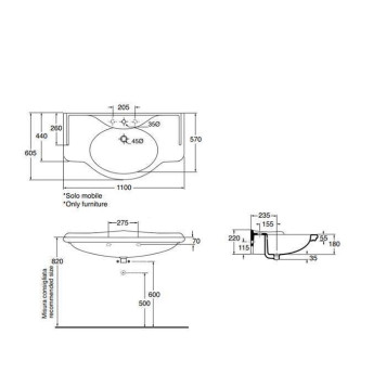AZZURRA GIUNONE Раковина-консоль 112х62х6 см, 1 отв., цвет: белый-2