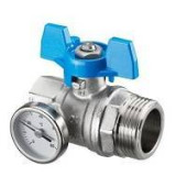 Шаровой кран с плоским уплотнением Ду20,  G3/4BP x G1HP, с термометром (0–80 °C), с синим маховиком