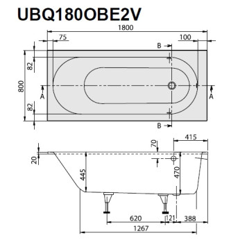 UBQ 180 OBE 2V-01 OBERON Solo Ванна 180x80, с ножками, белая, материал кварил Quaryl, вкл. сверло для перелива UBQ180OBE2V-01-3