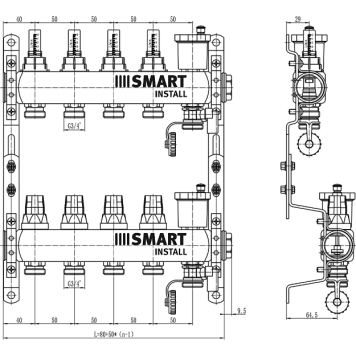 Комплект коллекторов Smart Install с расходомерами и термостат. клапанами 1 х3/4 ЕК-10 вых.. 53110S-2