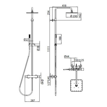 Bossini Cosmo Душевая стойка, с верхним душем 23х23см., с термостатическим смесителем, ручной душ, цвет: черный матовый-3