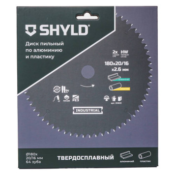 Диск пильный по алюминию и пластику SHYLD твердосплавный 180х20/16 мм, 64 зуба(20620)