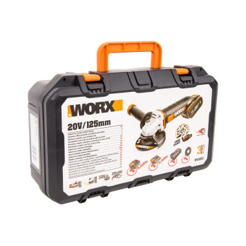 Угловая шлифмашина аккумуляторная WORX WX803, 20В, 125 мм, 1*2,0Ач + 1*4,0 Ач, кейс-3