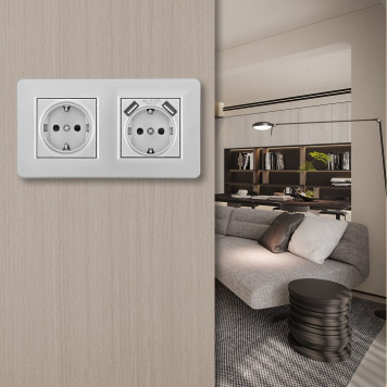 Розетка с заземлением и со шторкой и 2хUSB Arte Milano SET16-2 SET16-2-47-1-40-1 silver-1