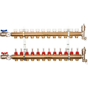 Распределительный коллектор STOUT из латуни с расходомерами на 12 выходов