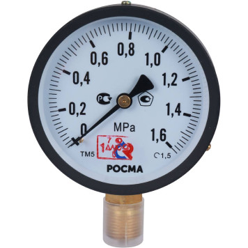 Манометр РОСМА ТМ-510Р.00 (0-1,6МРа) G1/2.1,5 Он оснащен диаметром 100 мм и имеет тип ТМ, серию 10, кт 1,5, IP40 и G1/2.-1