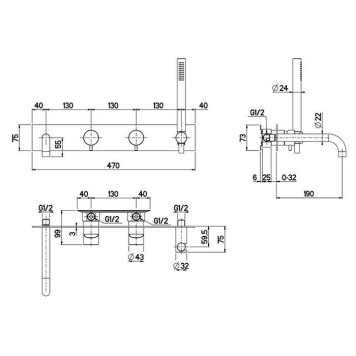 QuadroDesign Source Смеситель для ванны, встраиваемый, на 2 потребителя с изливом и ручным душем, цвет: brushed stainless steel-1