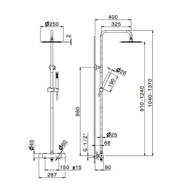 Newform X-STEEL 316 Душевая стойка с термо смес., верхний душ 25см, ручной душ, шланг 150 см, цвет: INOX. 69650X.50.050-4