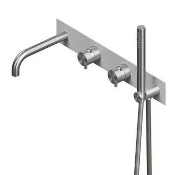 QuadroDesign Source Смеситель для ванны, встраиваемый, на 2 потребителя с изливом и ручным душем, цвет: brushed stainless steel