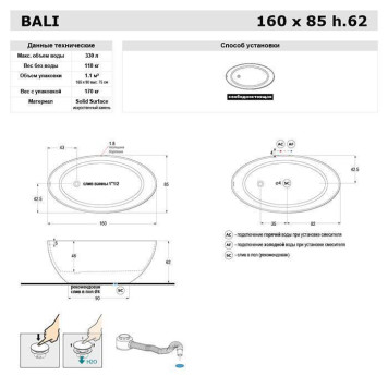 Gruppo Treesse Bali Ванна отдельностоящая 160x85x62h cм, с сливом-переливом и сифоном, Solid Surface, цвет: белый матовый-5