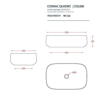Artceram Cognac Раковина накладная Quadro 55x35 см, saniglaze, цвет: белый глянцевый. COL008 01 34-1
