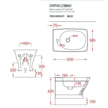 Artceram CIVITAS Биде подвесное 36х54 см, с крепеж. с 1 отв под смес, цвет: белый. CIB001 01 00 bi*1-3