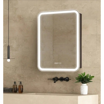 AQM9204 600х800 Зеркальный шкаф ЛЕВЫЙ с подсветкой, подогревом и часами, корпус Антрацит AQM9204