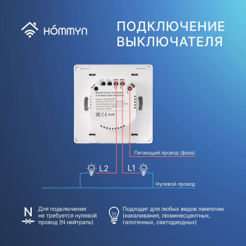 Комплект два умных двухклавишных выключателя и хаб HOMMYN SW22HOMKIT05-3