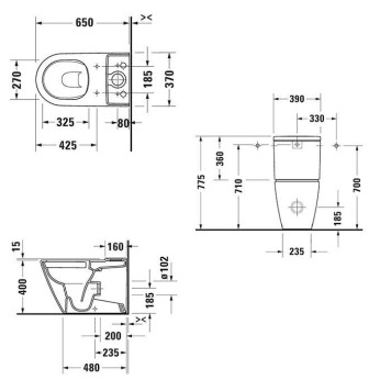 Duravit D-Neo Моноблок 37x65 см, безободковый, слив универсальный, WonderGliss, цвет: белый. 09441000051, 20020900001-8