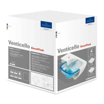 VilleroyBoch Venticello Унитаз 37.5х56х33см., подвесной, безободковый, в комплекте сиденье SlimSeat c микролифтом, CeramicPlus, цвет: альпийский белый. 4611RSR1-11