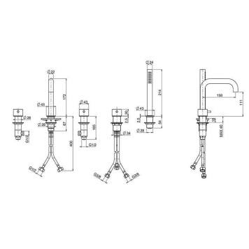 QuadroDesign Source Смеситель на борт ванны, на 5 отв., с ручным дуешм, цвет: brushed stainless steel-2