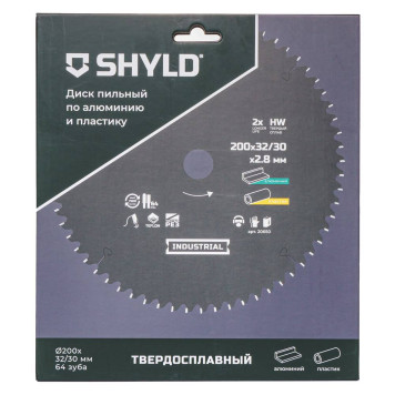 Диск пильный по алюминию и пластику SHYLD твердосплавный 200х32/30 мм, 64 зуба(20650)