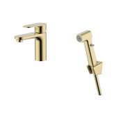 AQ1812BG НИКА смеситель для раковины 90 без донного клапана с гигиеническим ручным душем, шлиф.золото AQ1812BG