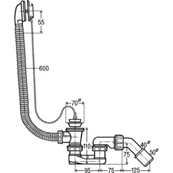 311537 Слив-перелив для стандартных ванн с цепочкой и пробкой (розетка нерж. сталь), с сифоном, 40/50, пластик 311537-1