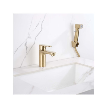 AQ1812BG НИКА смеситель для раковины 90 без донного клапана с гигиеническим ручным душем, шлиф.золото AQ1812BG-5