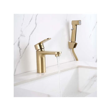 AQ1812BG НИКА смеситель для раковины 90 без донного клапана с гигиеническим ручным душем, шлиф.золото AQ1812BG-6