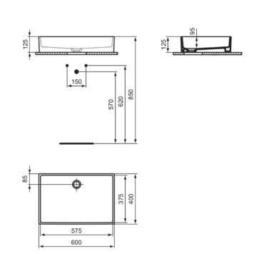 Ideal Standard Extra Раковина 60х40хh12.5см., накладная, без отв., без перелива, с крепежом, цвет: белый глянец. T374001-9