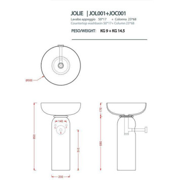 Artceram Jolie Раковина 50см., на пьедестале, пристенный монтаж, цвет: белый матовый/золото-2