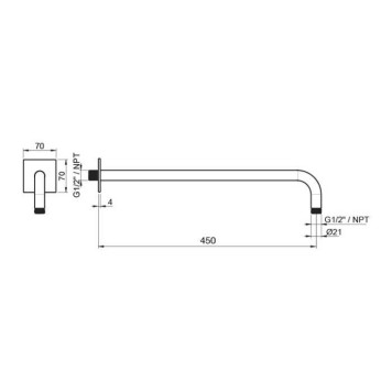 Almar 316 Stainless Steel Кронштейн для верхнего душа, настенный, 45 см с квадратным отражателем, цвет: нержавеющая сталь брашированная AISI 316. E021104.316-1