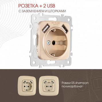 Розетка с заземлением и со шторкой и 2хUSB, без рамки Arte Milano am-205 205.47-1.shampan-1
