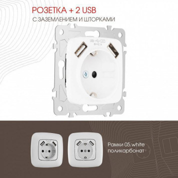 Розетка с заземлением и со шторкой и 2хUSB, без рамки Arte Milano am-205 205.47-1.white-1
