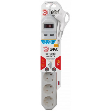 Удлинитель с выключателем Эра USF-5es-1.5m-USB-W-1
