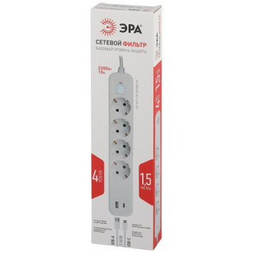 Удлинитель с выключателем Эра USF-4es-1,5m-2xUSBAC-W-1