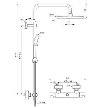 Ideal Standard Ceratherm T25 Душевая стойка, с термостатическим смесителем, ручным душем и шлангом, корпус Coolbody, руч. душ: 3 режима, верх. душ: 25см., цвет: хром. A8520AA-6