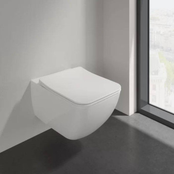VilleroyBoch Venticello Унитаз 37.5х56х33см., подвесной, безободковый, в комплекте сиденье SlimSeat c микролифтом, CeramicPlus, цвет: альпийский белый. 4611RSR1-7