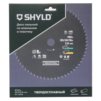 Диск пильный по алюминию и пластику SHYLD твердосплавный 190х30/20/16 мм, 64 зуба(20640)